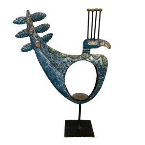 Scandinavian Style Folk Art Bird Large Metal Candle Holder Chippy Rusty
